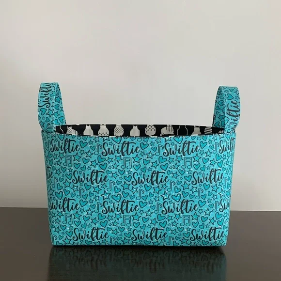 Swiftie Fabric Basket in Aqua and Turquoise Blue Taylor Swift Fabric and Cat - Picture 1 of 11